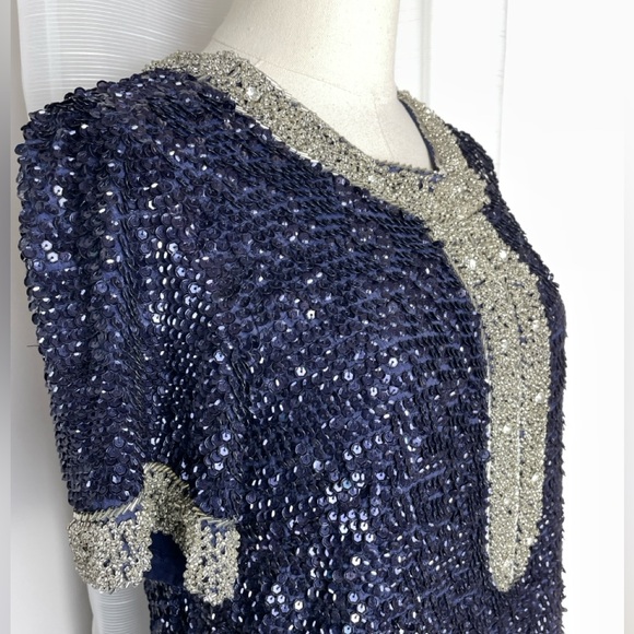 Candela NYC Blue & Silver Beaded Sequined Mini Shirt Dress Size Small - Picture 8 of 11